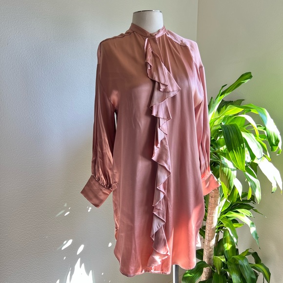 Zara Dresses Zara Blush Pink Satin Shirt Dress With Ruffle Detail
